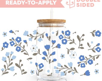 Envoltura para vasos UV de doble cara DTF / Ramo de flores azules de primavera, envoltura para vasos de 16 oz / Envoltura para vasos lista para aplicar, resistente al agua, no requiere calor, lista para enviar
