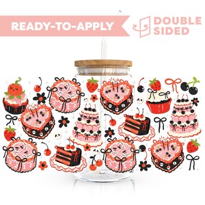 May include: A clear glass tumbler with a wooden lid and straw, surrounded by a repeating pattern of pink and black cakes, cupcakes, strawberries, and cherries. The text "READY-TO-APPLY" and "DOUBLE SIDED" are also visible.