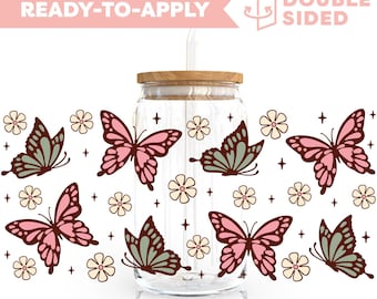 Double Sided UV DTF Cup Wrap | Floral Butterfly 16oz Cup Wrap | Ready To Apply Cup Wrap, Waterproof, No Heat Needed, Ready To Ship
