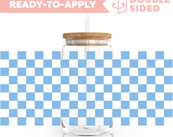 Double Sided UV DTF Cup Wrap | Blue Checkered Pattern 16oz Cup Wrap | Ready To Apply Cup Wrap, Waterproof, No Heat Needed, Ready To Ship