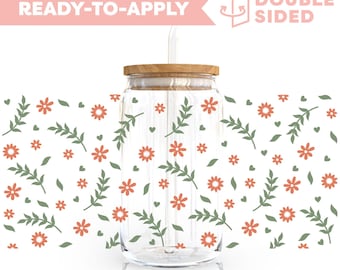 Envoltura para vasos de doble cara con protección UV / Diseño botánico de flores de primavera / Envoltura para vasos de 16 oz lista para aplicar, resistente al agua, no requiere calor, lista para enviar