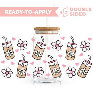 Double Sided UV DTF Cup Wrap | Pink Iced Coffee Lovers 16oz Cup Wrap | Ready To Apply Cup Wrap, Waterproof, No Heat Needed, Ready To Ship
