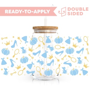 Double Sided UV DTF Cup Wrap | Princess, Cinderella 16oz Cup Wrap | Ready To Apply Cup Wrap, Waterproof, No Heat Needed, Ready To Ship