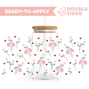 Protetor de copos UV DTF dupla face | Protetor de copos Coquette Bow & Tulip de 16 oz | Protetor de copos pronto para aplicar, à prova d&#39;água, sem necessidade de calor, pronto para envio