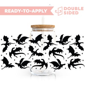 May include: A clear glass jar with a wooden lid and a straw. The jar is decorated with black silhouette images of dragons with stars. The text "READY-TO-APPLY" and "DOUBLE SIDED" is visible on the image.