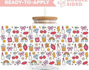Doppelseitige UV DTF Cup Wrap | Eiskaffee-Liebhaber, Girlie 16 Unzen Cup Wrap | Bereit zum Auftragen des Cups, wasserdicht, keine Hitze erforderlich, versandfertig