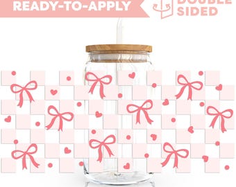 Double Sided UV DTF Cup Wrap | Checkered Coquette Bow 16oz Cup Wrap | Ready To Apply Cup Wrap, Waterproof, No Heat Needed, Ready To Ship