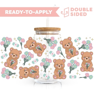 Double Sided UV DTF Cup Wrap | Self Care Bear, Teddy Bear 16oz Cup Wrap | Ready To Apply Cup Wrap, Waterproof, No Heat Needed, Ready To Ship
