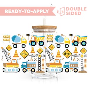 Doppelseitige UV DTF Cup Wrap | Baustellen LKW 16oz Cup Wrap | Bereit zum Auftragen des Cups, wasserdicht, keine Hitze erforderlich, versandfertig