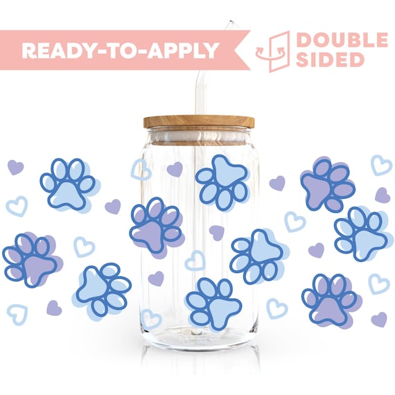 Double Sided UV DTF Cup Wrap | Dog Lover, Blue Dog Paw 16oz Cup Wrap | Ready To Apply Cup Wrap, Waterproof, No Heat Needed, Ready To Ship