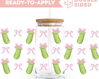 Double Sided UV DTF Cup Wrap | Coquette Bow Pickles 16oz Cup Wrap | Ready To Apply Cup Wrap, Waterproof, No Heat Needed, Ready To Ship