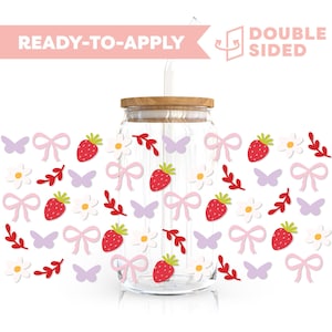 Embalagem para copos dupla face com proteção UV DTF | Embalagem para copos com laço de morango Coquette de 16 oz | Embalagem para copos pronta para aplicar, à prova d&#39;água, sem necessidade de calor, pronta para envio