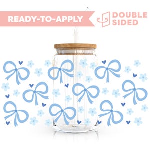 Envoltório para copos DTF com proteção UV dupla face | Laço azul Coquette, fita de 16oz | Envoltório para copos pronto para aplicar, à prova d&#39;água, sem necessidade de calor, pronto para envio