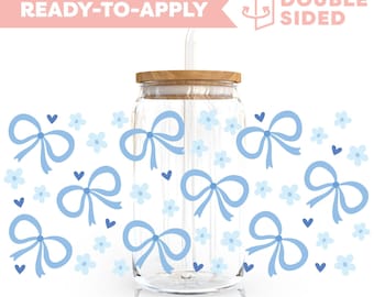Double Sided UV DTF Cup Wrap | Coquette Blue Bow, Ribbon 16oz Cup Wrap | Ready To Apply Cup Wrap, Waterproof, No Heat Needed, Ready To Ship