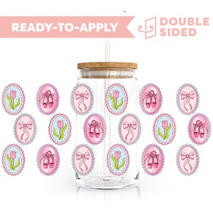 Protetor de copos UV DTF dupla face | Laço Coquette, Ballet Dance 16oz | Protetor de copos pronto para aplicar, à prova d&#39;água, sem necessidade de calor, pronto para envio