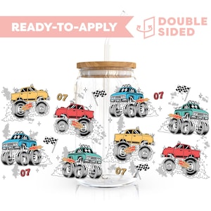 May include: Eight colorful monster truck decals, each with a different color scheme, including red, blue, yellow, and green. The decals are ready to apply to a glass jar with a wooden lid and a straw. The decals feature a number "07" and a checkered flag.