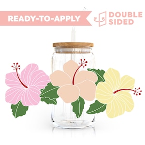 Double Sided UV DTF Cup Wrap | Hawaii, Hibiscus Flower 16oz Cup Wrap | Ready To Apply Cup Wrap, Waterproof, No Heat Needed, Ready To Ship