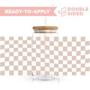 May include: A clear glass jar with a wooden lid and a glass straw. The jar is sitting on a checkered background. The text "READY-TO-APPLY" and "DOUBLE SIDED" is visible in the image.