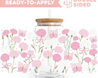 Double Sided UV DTF Cup Wrap | Carnation Flower, Butterfly 16oz Cup Wrap, Ready To Apply Cup Wrap, Waterproof, No Heat Needed, Ready To Ship
