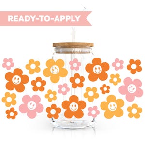 Double Sided UV DTF Cup Wrap | Retro Happy Flower 16oz Cup Wrap | Ready To Apply Cup Wrap, Waterproof, No Heat Needed, Ready To Ship