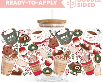Double Sided Christmas UV DTF Cup Wrap | Holiday Coffee 16oz Cup Decal | Ready To Apply Cup Wrap, Waterproof, No Heat Needed, Ready To Ship