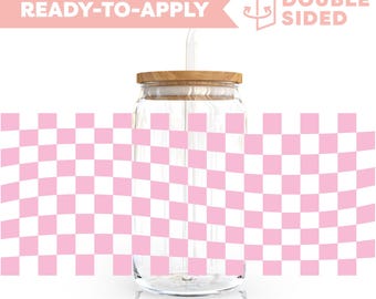 Double Sided UV DTF Cup Wrap | Pink Checkered Pattern 16oz Cup Wrap | Ready To Apply Cup Wrap, Waterproof, No Heat Needed, Ready To Ship