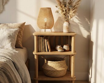 Wooden Nightstand with Open Shelves, Modern Scandinavian Minimalist Bedside Table in Natural Wood Color