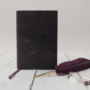 Antiqued Black Leather Journal with Wine Velvet Page Marking Ribbon