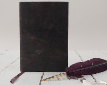 Antiqued Black Leather Journal with Wine Velvet Page Marking Ribbon