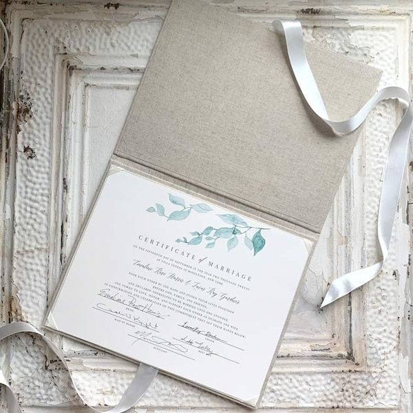 Wedding Certificate Holder, Marriage Certificate Cover Keepsake Holder in Natural Linen