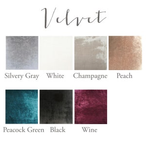 Velvet color option swatch chart. Line 1: Silvery gray, white, champagne, peach. Line 2: Peacock green, black, wine

velvets are luxurious, and soft. perfect for smaller, intimate weddings. blank or lined page options available
