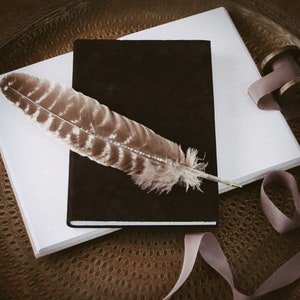 May include: A black leather journal with a brown feather pen on top of a white lined notebook. The journal is on a brown textured surface with a pink ribbon.