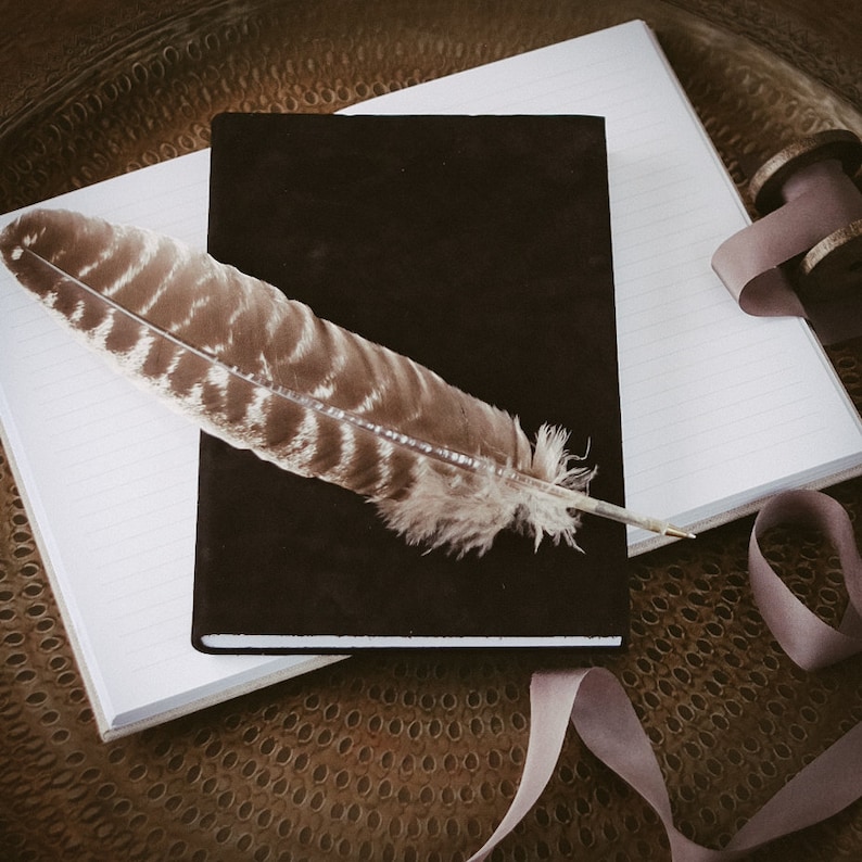 May include: A black leather journal with a brown feather pen on top of a white lined notebook. The journal is on a brown textured surface with a pink ribbon.