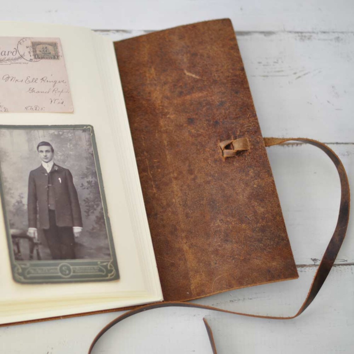 Leather Photo Album rustic leather album w/wrap closure Etsy