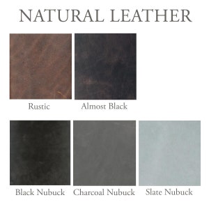 May include: Six leather swatches in different colors and textures. The swatches are labeled "Rustic", "Almost Black", "Black Nubuck", "Charcoal Nubuck", and "Slate Nubuck".