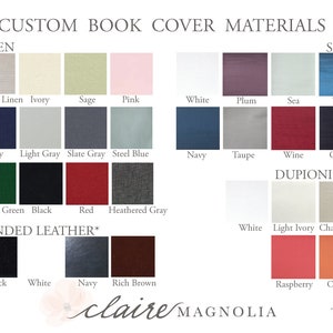 Puede incluir: Un gr&aacute;fico que muestra diferentes materiales para cubiertas de libros con muestras de color para cada material. Los materiales incluyen lino, sat&eacute;n, seda dupioni y cuero encolado. Los colores incluyen lino natural, marfil, salvia, rosa, blanco, ciruela, mar, azul verdoso, azul marino, gris claro, gris pizarra, azul acero, verde esmeralda, negro, rojo, gris jaspeado, marfil claro, champ&aacute;n, frambuesa y naranja.