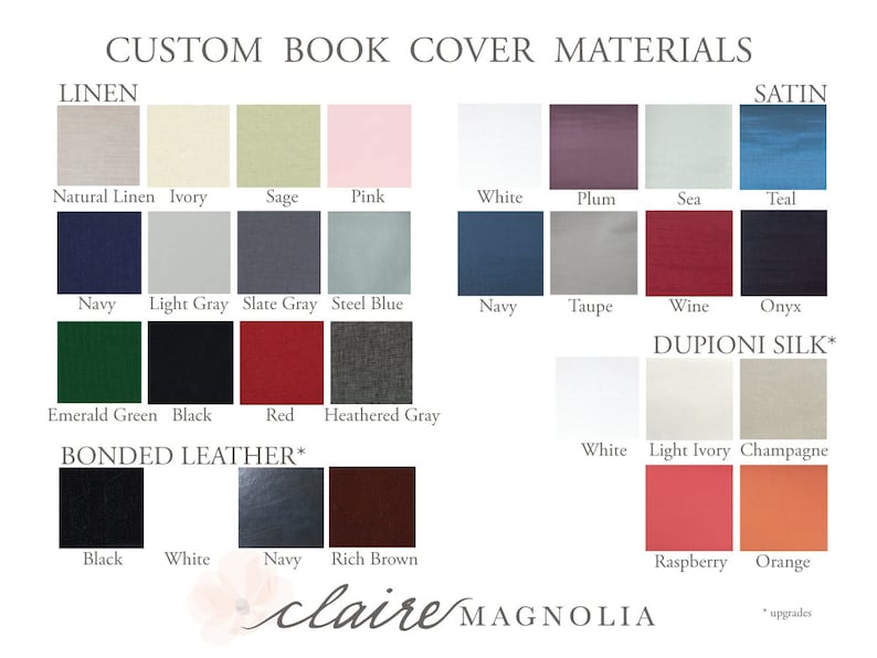 Puede incluir: Un gr&aacute;fico que muestra diferentes materiales para cubiertas de libros con muestras de color para cada material. Los materiales incluyen lino, sat&eacute;n, seda dupioni y cuero encolado. Los colores incluyen lino natural, marfil, salvia, rosa, blanco, ciruela, mar, azul verdoso, azul marino, gris claro, gris pizarra, azul acero, verde esmeralda, negro, rojo, gris jaspeado, marfil claro, champ&aacute;n, frambuesa y naranja.