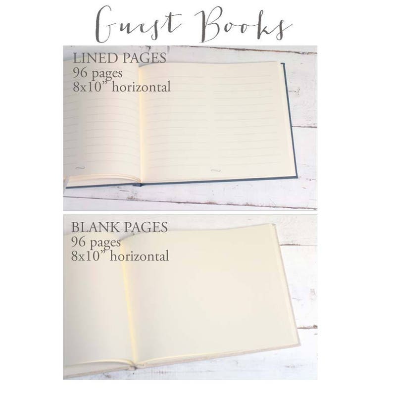 May include: Two open guest books, one with lined pages and one with blank pages. Both books are 8x10 inches and have 96 pages.