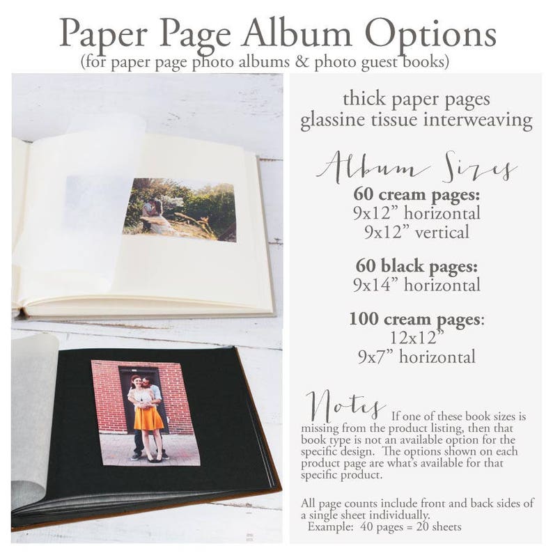 Paper page album sizes and pages.