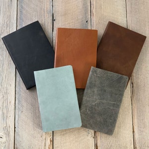 May include: Five different notebooks with leather covers in various colors, including black, brown, gray, and light blue. The notebooks are arranged in a semi-circle on a wooden surface.