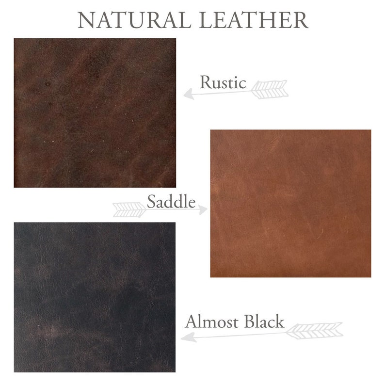May include: Three leather swatches in different shades of brown and black. The swatches are labeled "Rustic", "Saddle", and "Almost Black".