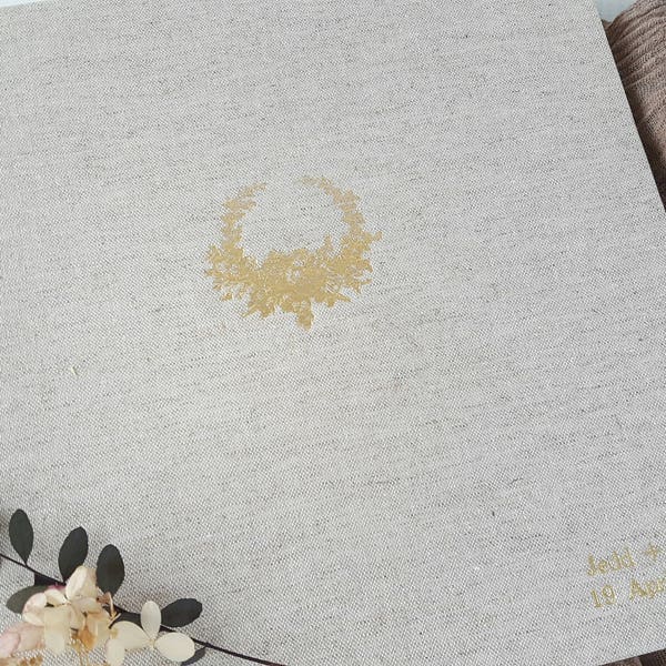 Natural Linen Guest Book with Gold Vintage Wreath  |  Personalized Linen Guest Book