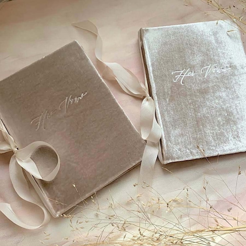 Limited Edition Velvet Vow Book Set of 2- Separate His Vows + Her Vows Booklets - silk based velvet and raw silk ribbon - by ClaireMagnolia 