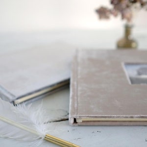 May include: Two velvet-covered photo albums, one light gray and one light pink, with a white feather pen on a white surface.