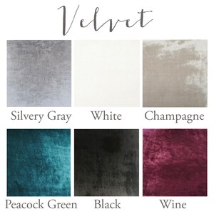 May include: Six fabric swatches of velvet in different colors: silvery gray, white, champagne, peacock green, black, and wine.