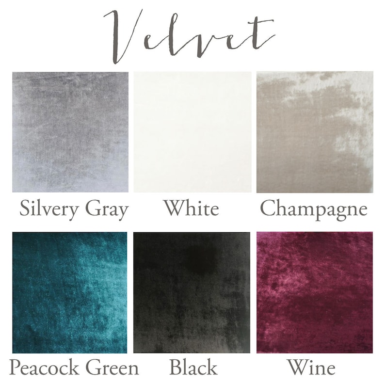 May include: Six fabric swatches of velvet in different colors: silvery gray, white, champagne, peacock green, black, and wine.