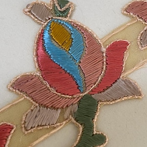 May include: A close-up of a beige fabric trim with embroidered pink, red, green, blue, and yellow flowers. The flowers have a stylized design and are arranged in a repeating pattern.