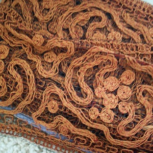 May include: Close-up of a textile with intricate, swirling patterns in shades of brown and orange. The design features looping lines and circular motifs, creating a textured, layered effect. The background is a dark mesh.