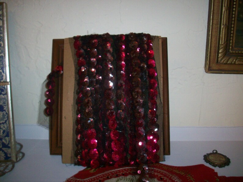 metallic sequins on black silk tulle antique trim