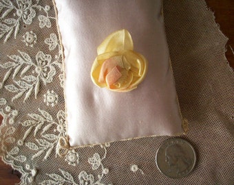 1 french antique silk yellow rose Ribbon work flower hand done 1920s